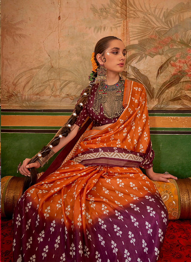 Monjolika Fashion Orange & Plum Mercerized Sigma Silk Saree with Aqua Finish