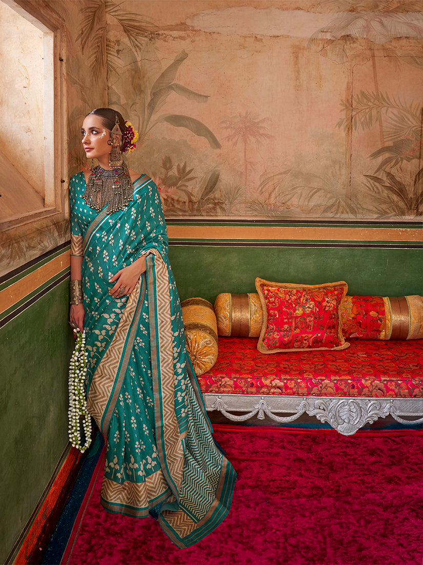 Monjolika Fashion Aqua Blue Mercerized Sigma Silk Saree with Aqua Finish