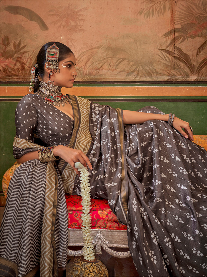 Monjolika Fashion Grey Mercerized Sigma Silk Saree with Aqua Finish