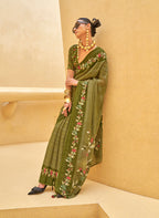 Monjolika Fashion Dark Olive Green Printed Georgette Contemporary Saree - Distacart
