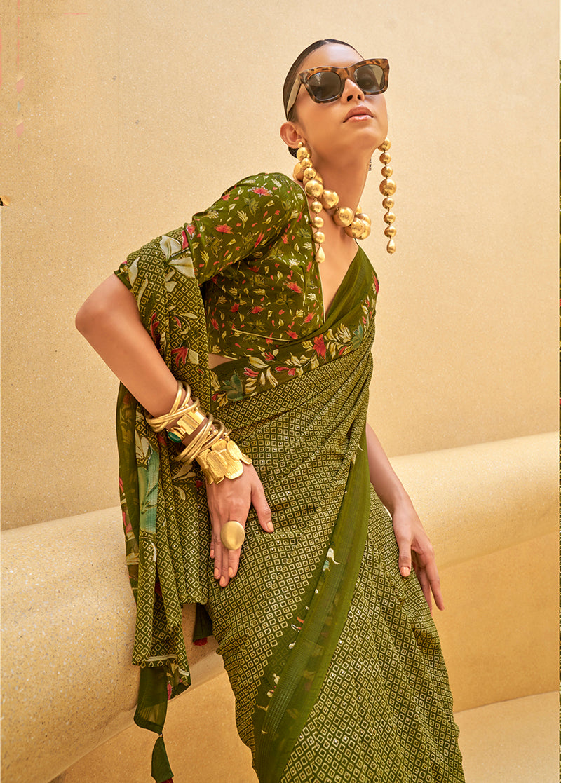 Monjolika Fashion Dark Olive Green Printed Georgette Contemporary Saree - Distacart