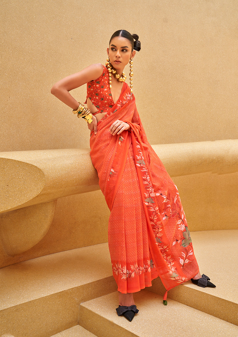 Monjolika Fashion Salmon Printed Georgette Contemporary Saree - Distacart