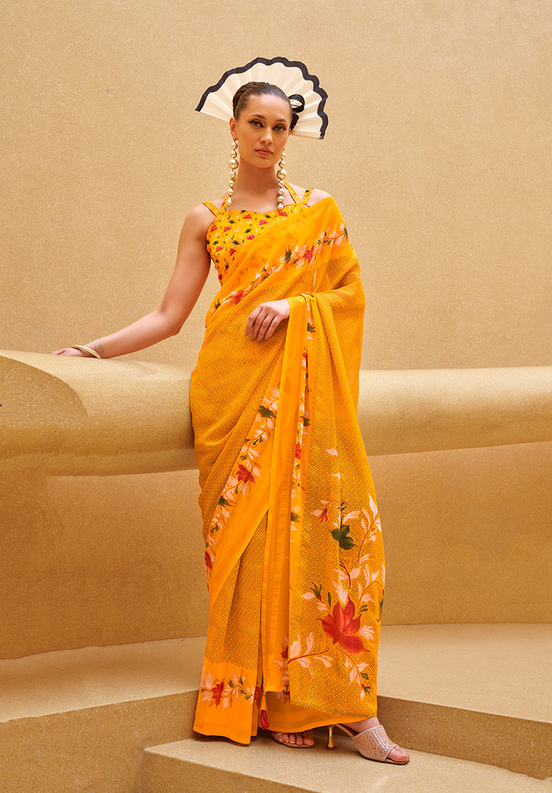 Monjolika Fashion Yellow Printed Georgette Contemporary Saree - Distacart