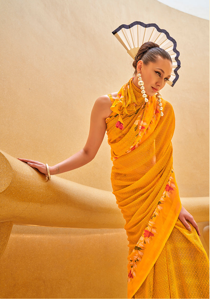 Monjolika Fashion Yellow Printed Georgette Contemporary Saree - Distacart