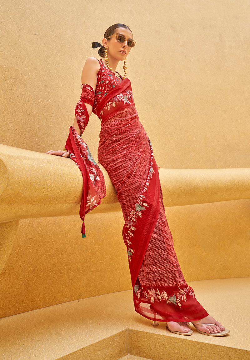 Monjolika Fashion Red Printed Georgette Contemporary Saree - Distacart