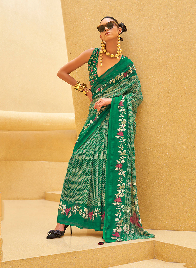 Monjolika Fashion Green Printed Georgette Contemporary Saree - Distacart