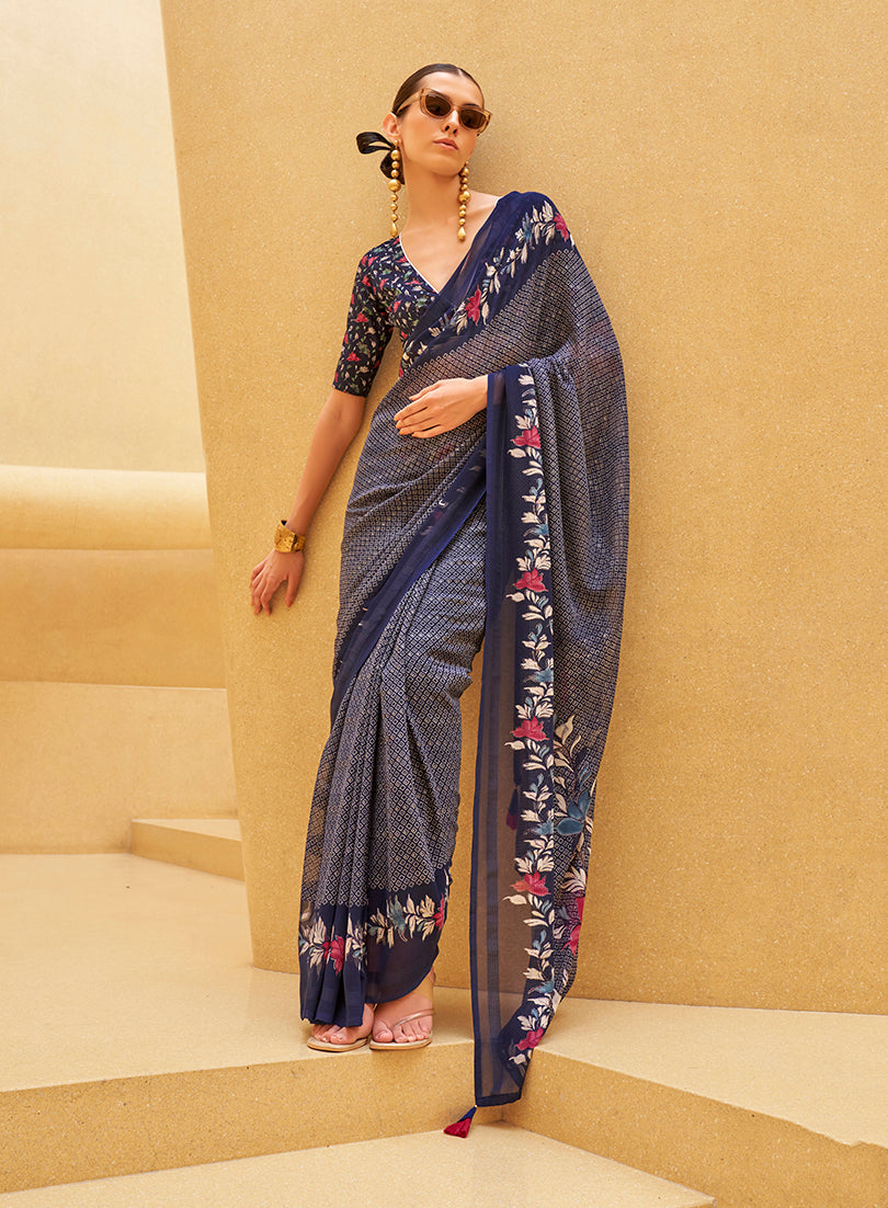 Monjolika Fashion Navy Blue Printed Georgette Contemporary Saree - Distacart