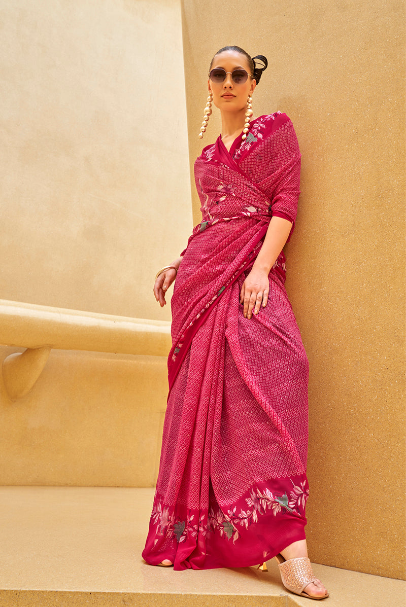 Monjolika Fashion Rani Pink Printed Georgette Contemporary Saree - Distacart