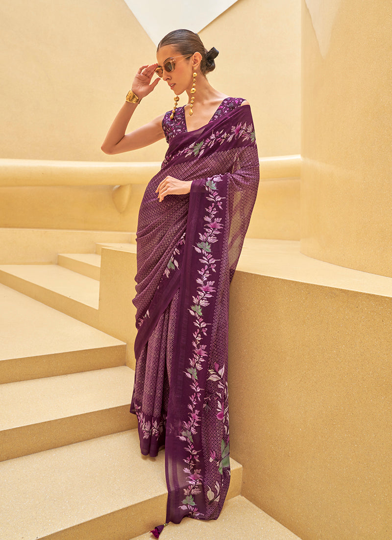 Monjolika Fashion Dark Purple Printed Georgette Contemporary Saree - Distacart