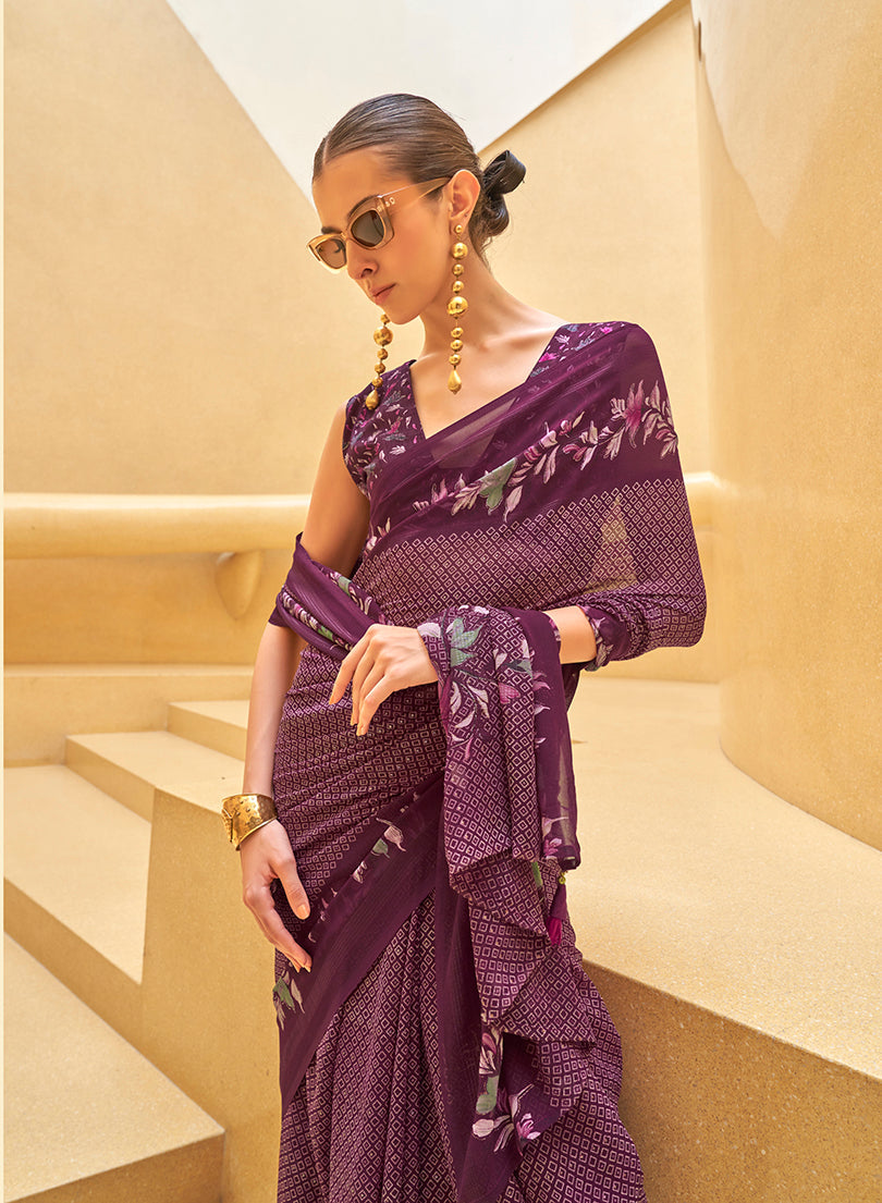 Monjolika Fashion Dark Purple Printed Georgette Contemporary Saree - Distacart