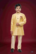Raivat Ethnic Kids Banarasi Jacquard Woven Work Semi Indo Western Set Gold Colour