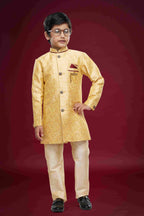 Raivat Ethnic Kids Banarasi Jacquard Woven Work Semi Indo Western Set Gold Colour
