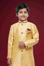 Raivat Ethnic Kids Banarasi Jacquard Woven Work Semi Indo Western Set Gold Colour