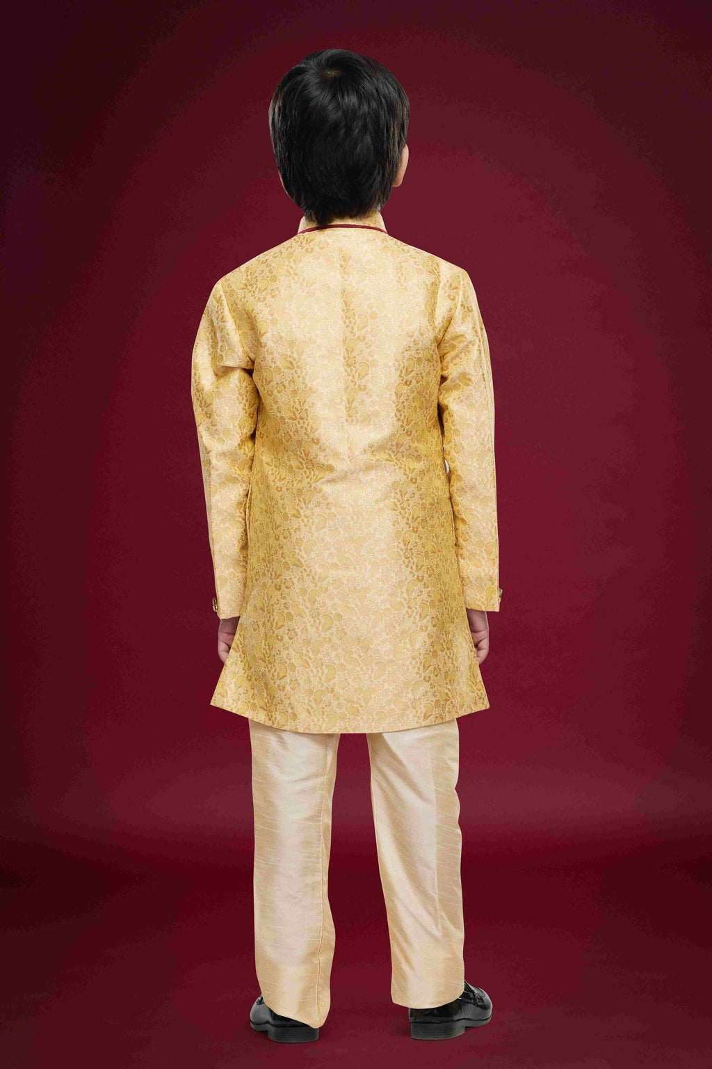 Raivat Ethnic Kids Banarasi Jacquard Woven Work Semi Indo Western Set Gold Colour