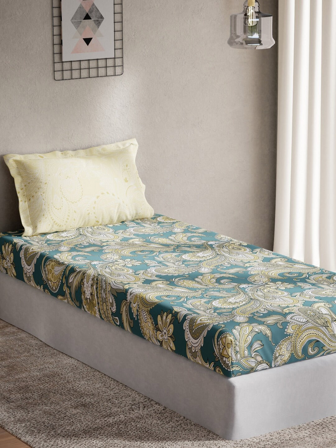 DDecor Green & Yellow Ethnic Motifs 144 TC Cotton Single Bedsheet with 1 Pillow Cover
