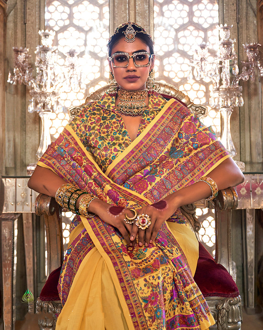 Monjolika Fashion Silk Yellow Printed Traditional Festival Saree With Blouse