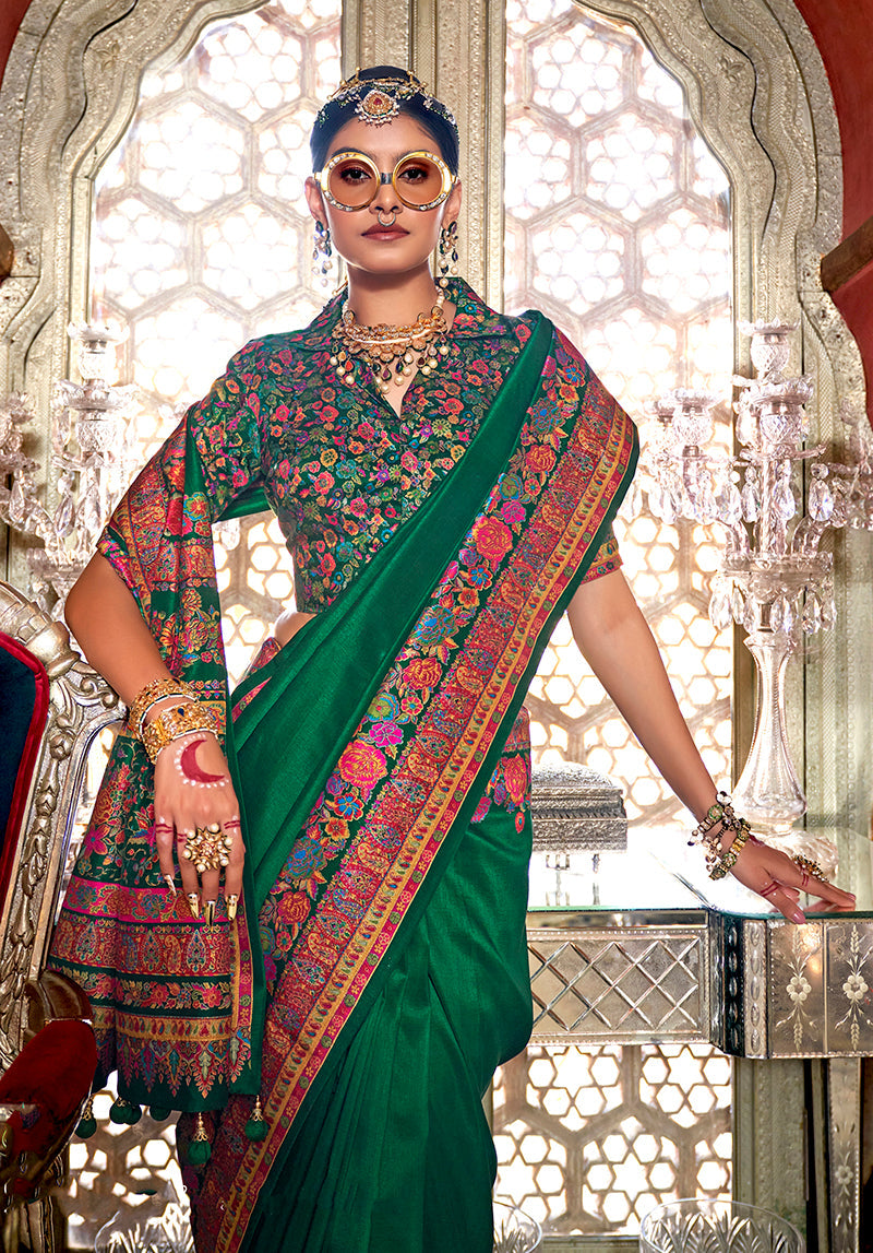 Monjolika Fashion Silk Dark green Printed Traditional Festival Saree With Blouse