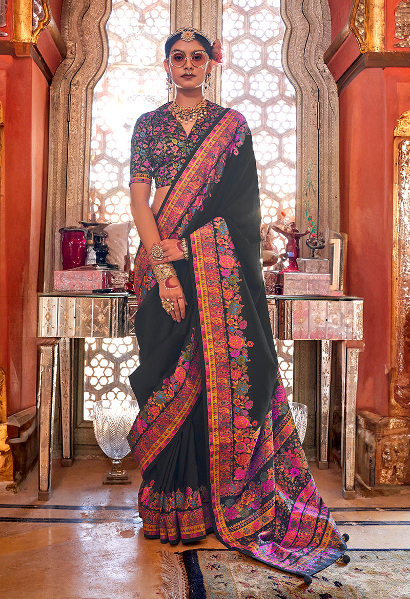 Monjolika Fashion Silk Black Printed Traditional Festival Saree With Blouse