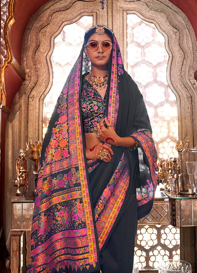 Monjolika Fashion Silk Black Printed Traditional Festival Saree With Blouse