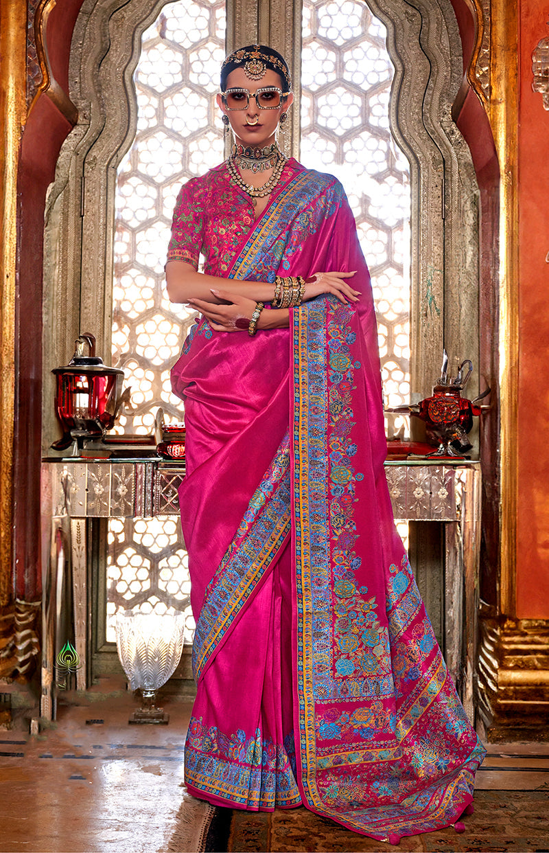 Monjolika Fashion Silk Dark pink Printed Traditional Festival Saree With Blouse