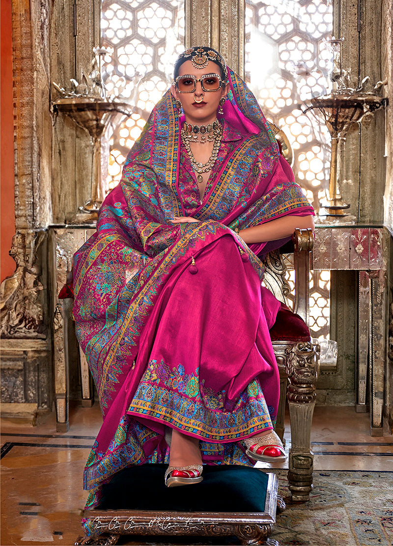 Monjolika Fashion Silk Dark pink Printed Traditional Festival Saree With Blouse
