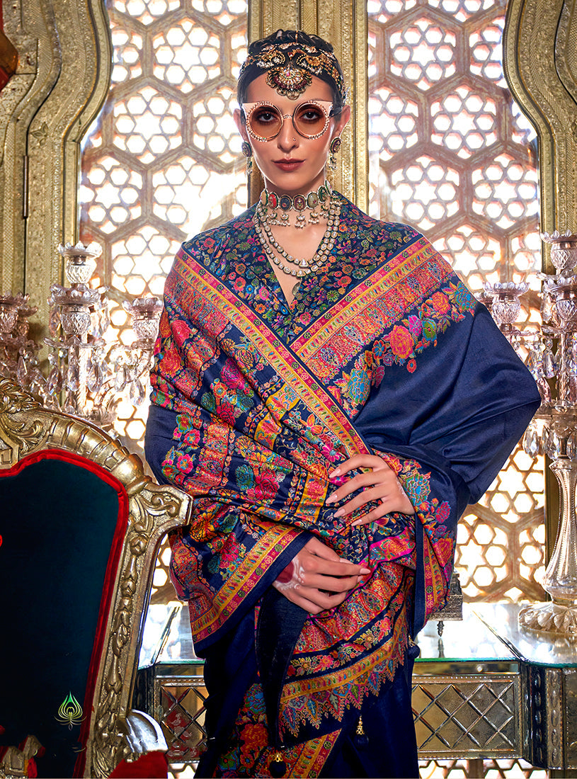 Monjolika Fashion Silk Navy blue Printed Traditional Festival Saree With Blouse