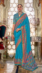 Monjolika Fashion Silk Light blue Printed Traditional Festival Saree With Blouse