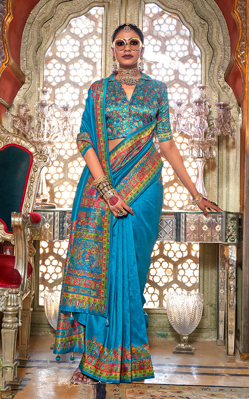 Monjolika Fashion Silk Light blue Printed Traditional Festival Saree With Blouse