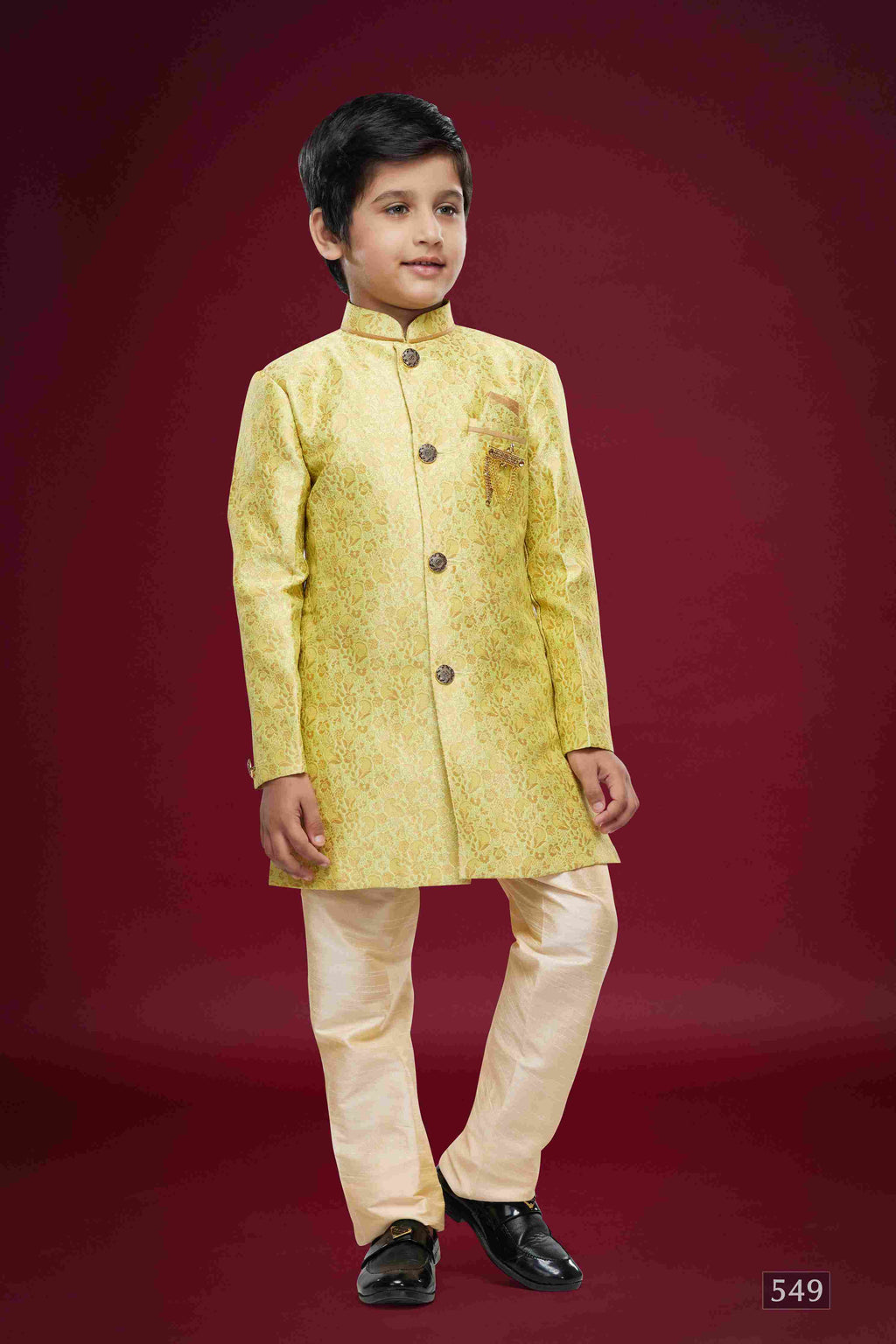 Raivat Ethnic Kids Banarasi Jacquard Woven Work Semi Indo Western Set Beige Colour