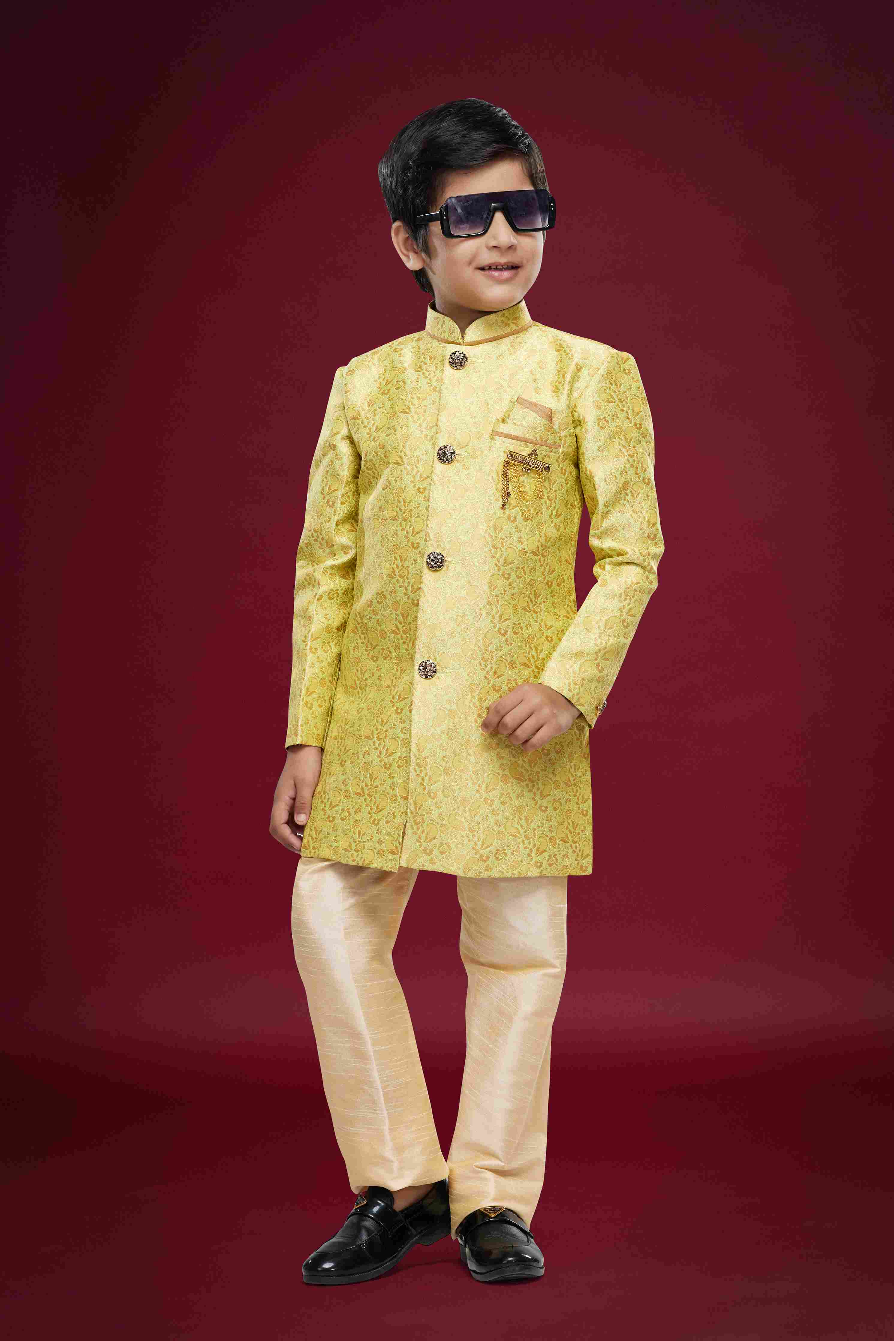 Raivat Ethnic Kids Banarasi Jacquard Woven Work Semi Indo Western Set Beige Colour