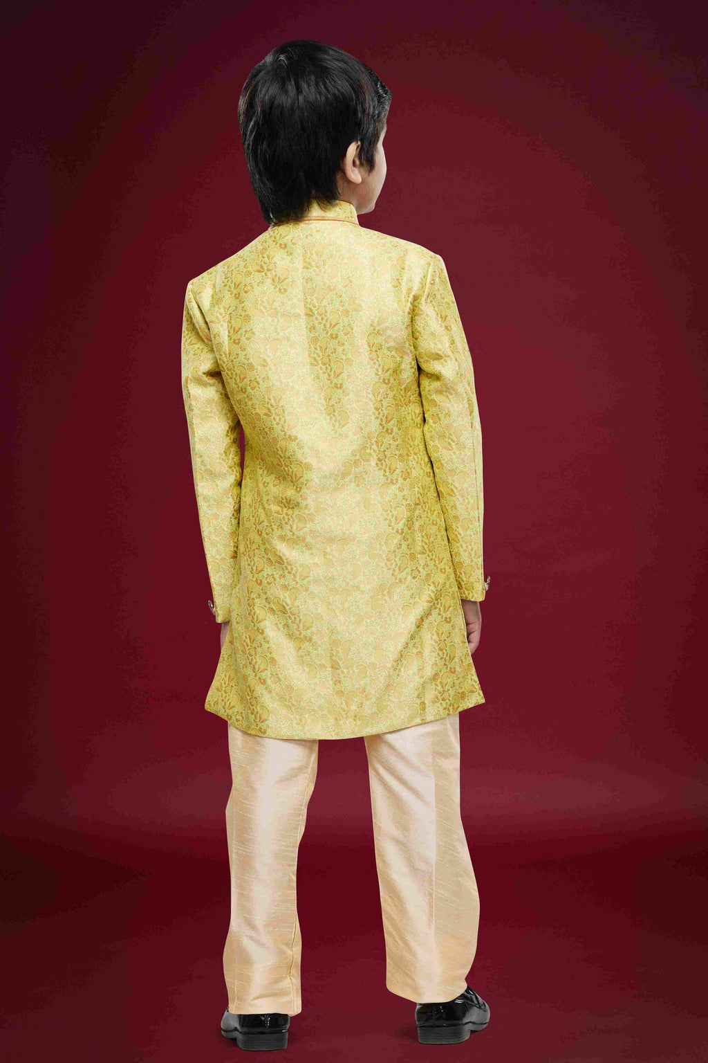 Raivat Ethnic Kids Banarasi Jacquard Woven Work Semi Indo Western Set Beige Colour