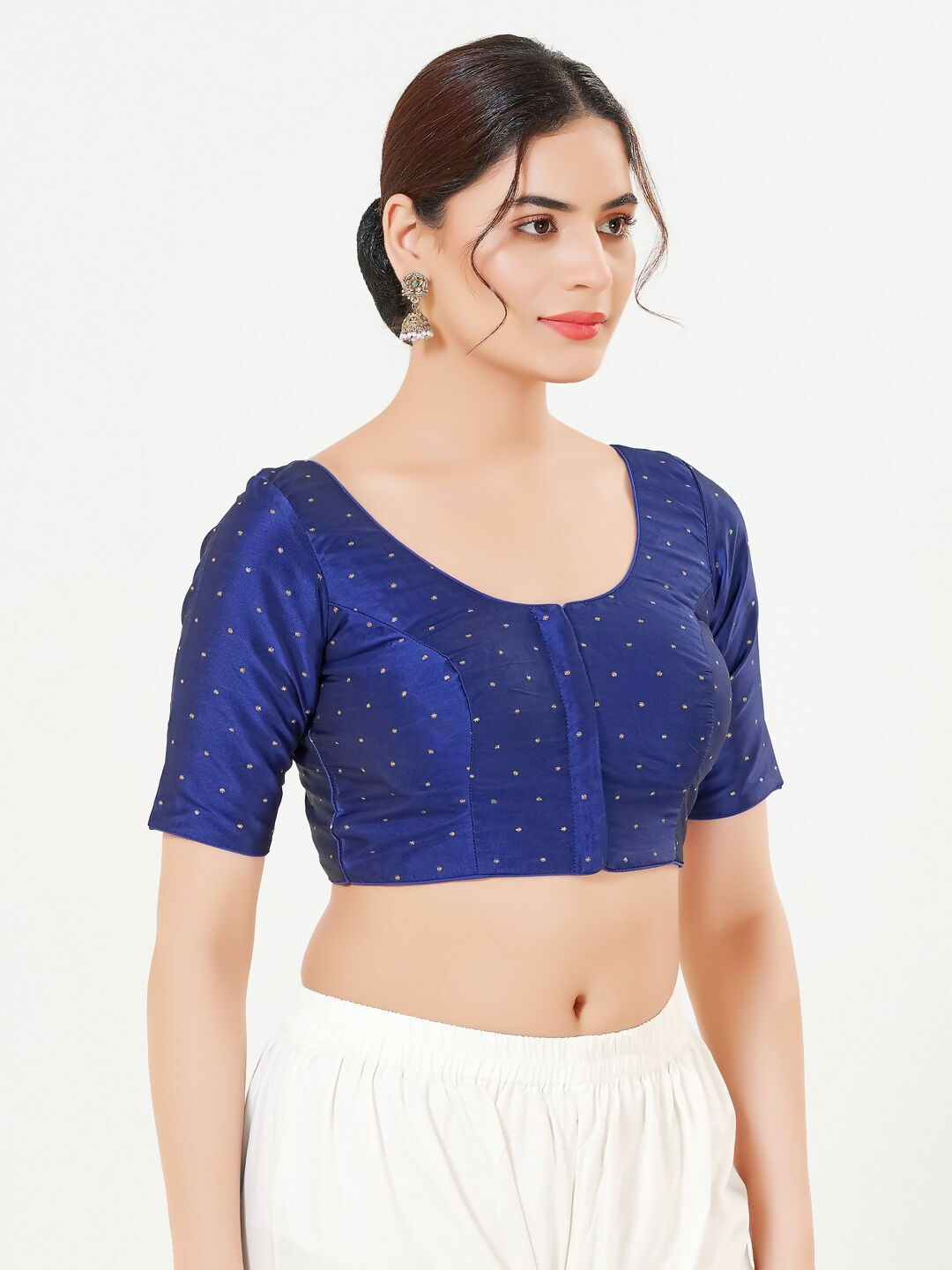 Joban Fashion Royal-Blue Taffeta Silk Elbow Sleeveless Front Open Blouse