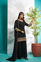 Aayaa Designer Faux Gorgette Embroidery Zari Sequins Thread work Full Flaired plazzo Suit with Dupatta - Black