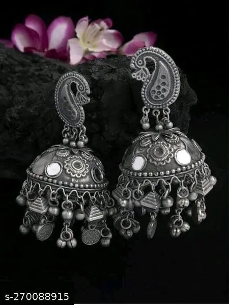 Tehzeeb Creations Women's Black Oxidised Earrings With Ghungroo