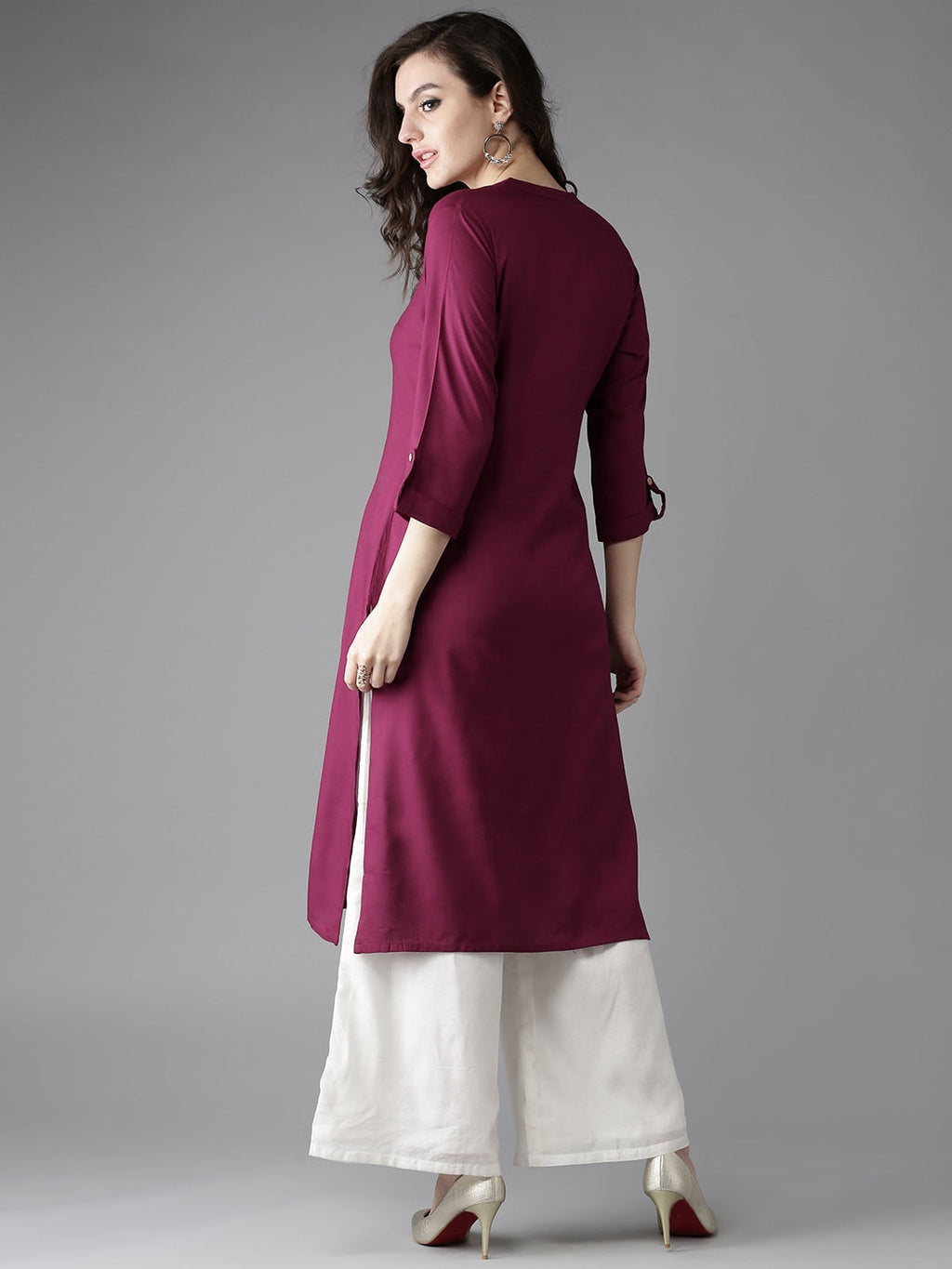 HERE&NOW Women Burgundy Solid Straight Kurta