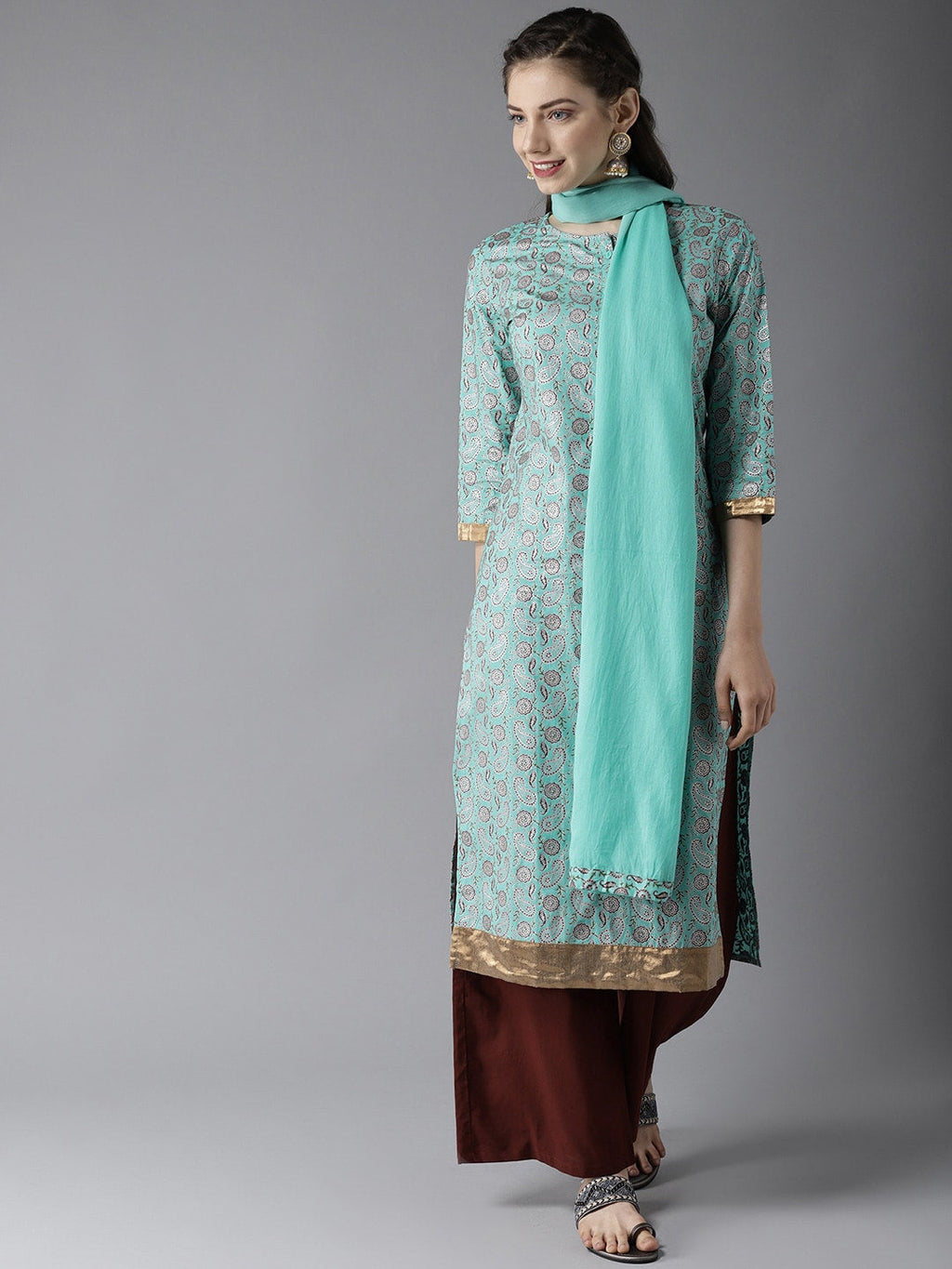 HERE&NOW Women Blue & Brown Printed Kurta with Palazzos & Dupatta