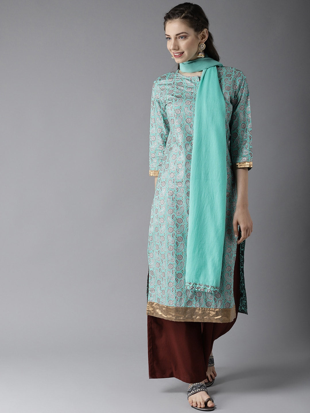 HERE&NOW Women Blue & Brown Printed Kurta with Palazzos & Dupatta