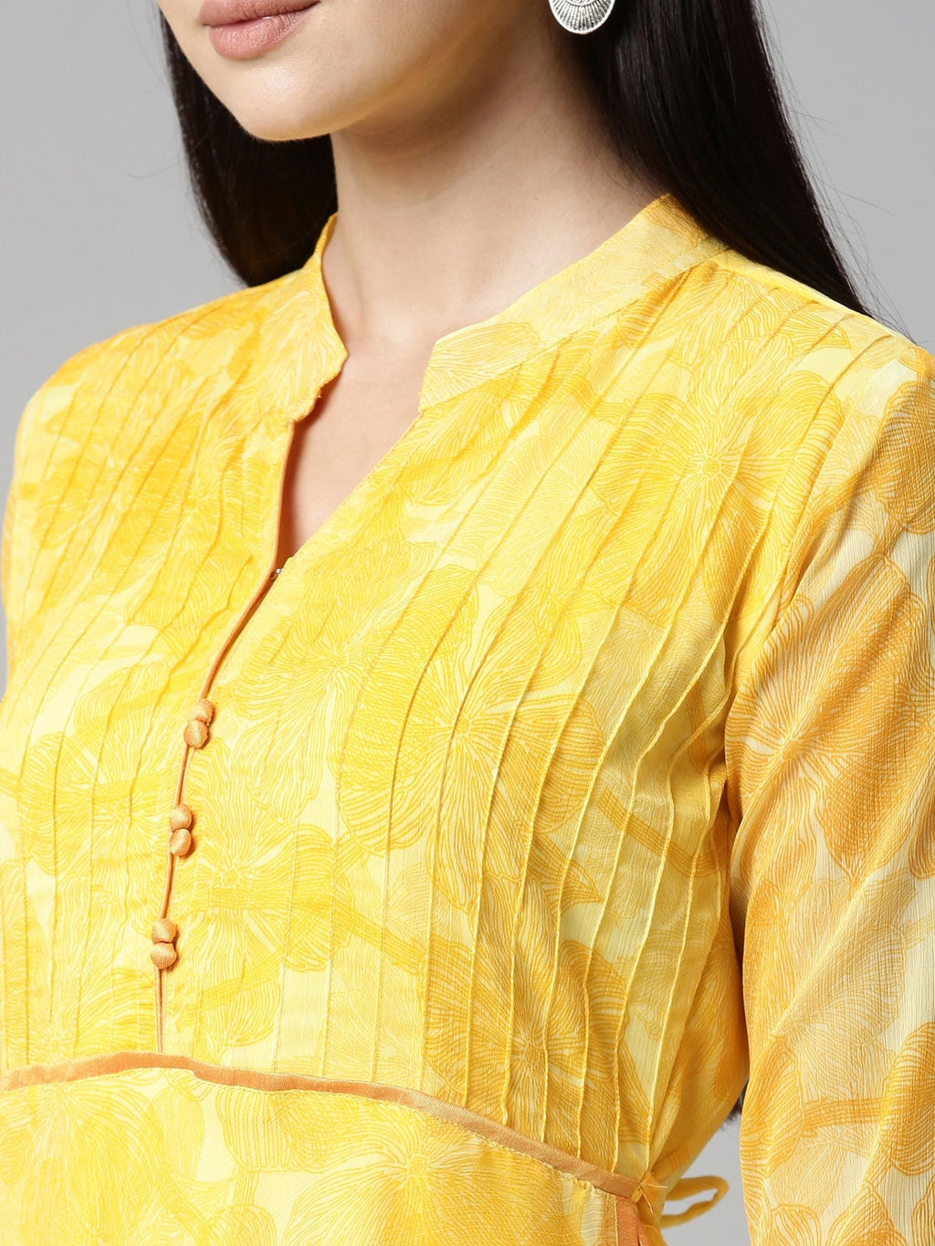 Souchii Yellow Floral Chiffon Midi Dress - Distacart