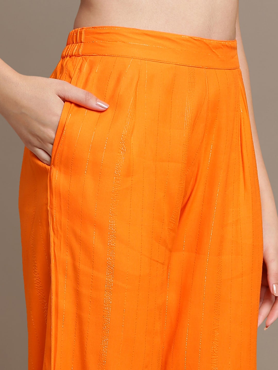 HERE&NOW Striped Mirror Work High Slit Kurta with Palazzos