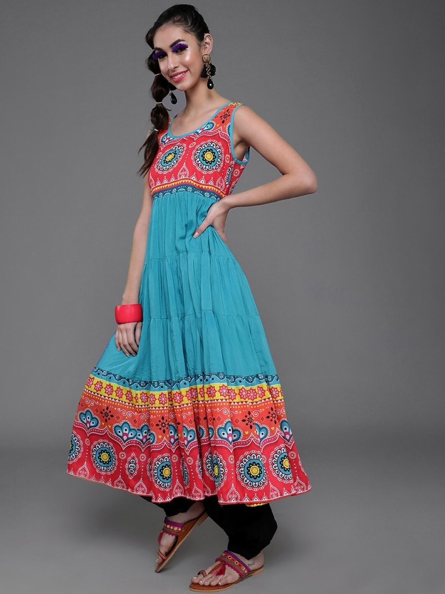 Aks Floral Printed Sleeveless Cotton Silk Anarkali Kurta