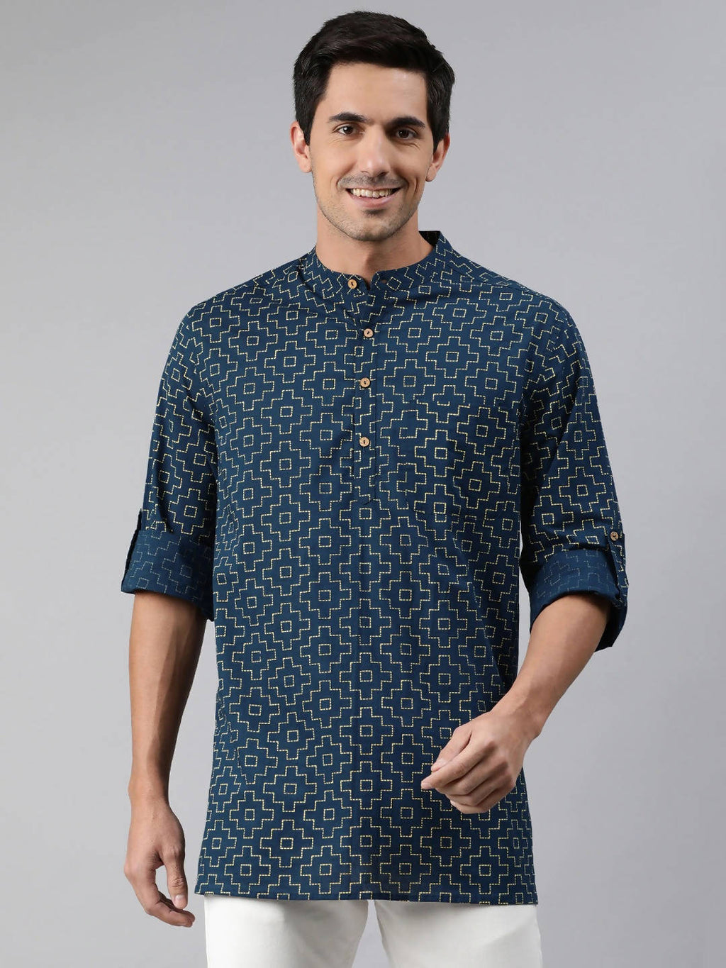 Janasya Men Navy Blue & Yellow Geometric Printed Kurta - Distacart