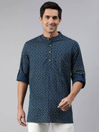 Janasya Men Navy Blue & Yellow Geometric Printed Kurta - Distacart