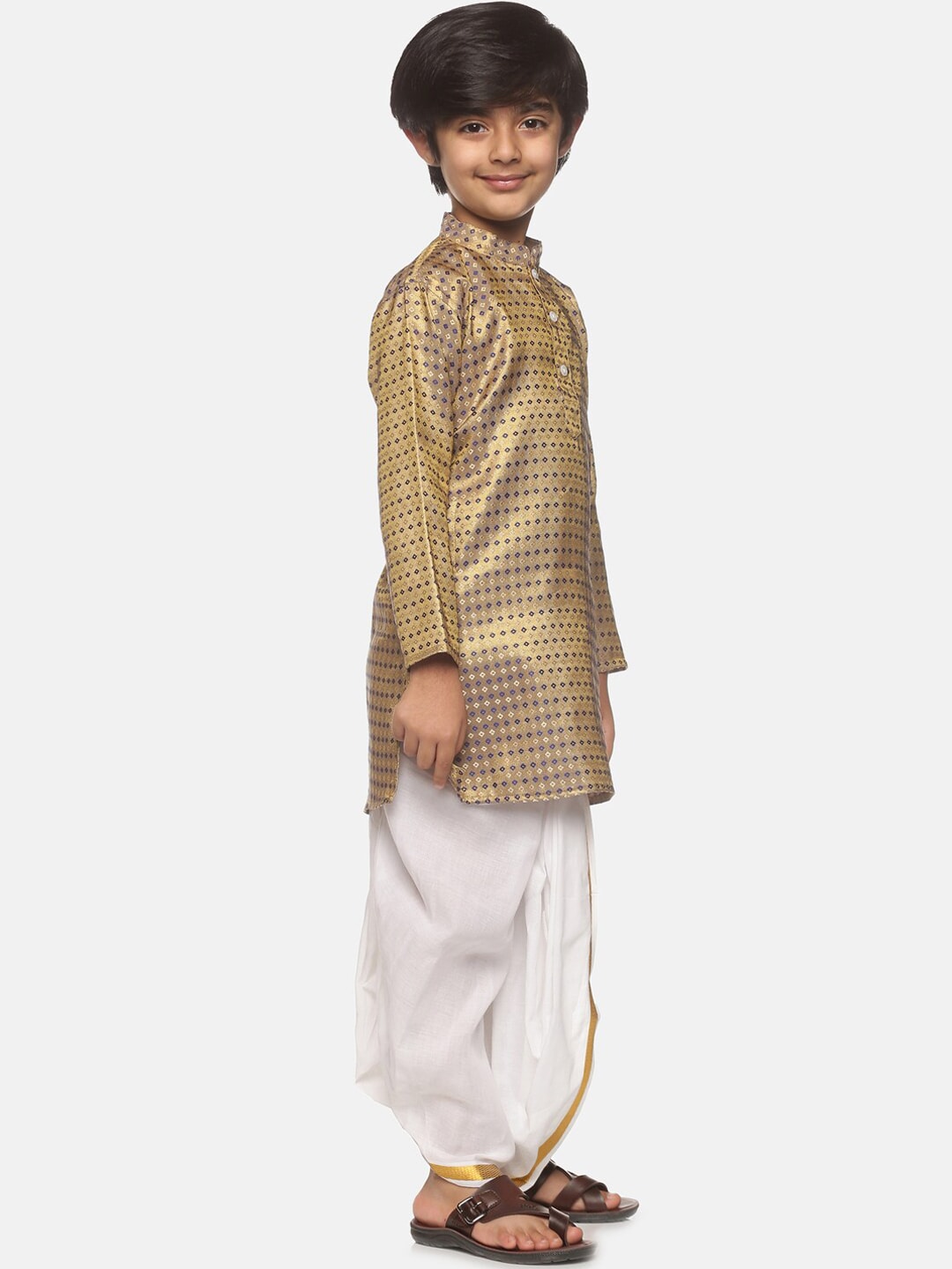 Sethukrishna Boys Gold-Toned Printed Angrakha Kurta with Dhoti Pants
