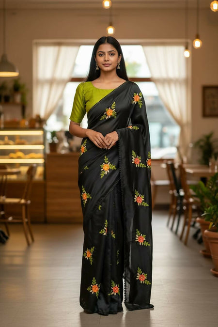 Teeya Creation Black Rangoli Silk Embroidery Work Party Wear Designer Saree