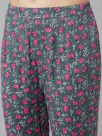 Aks Floral Printed Mandarin Collar Regular Pure Cotton Kurta With Trousers
