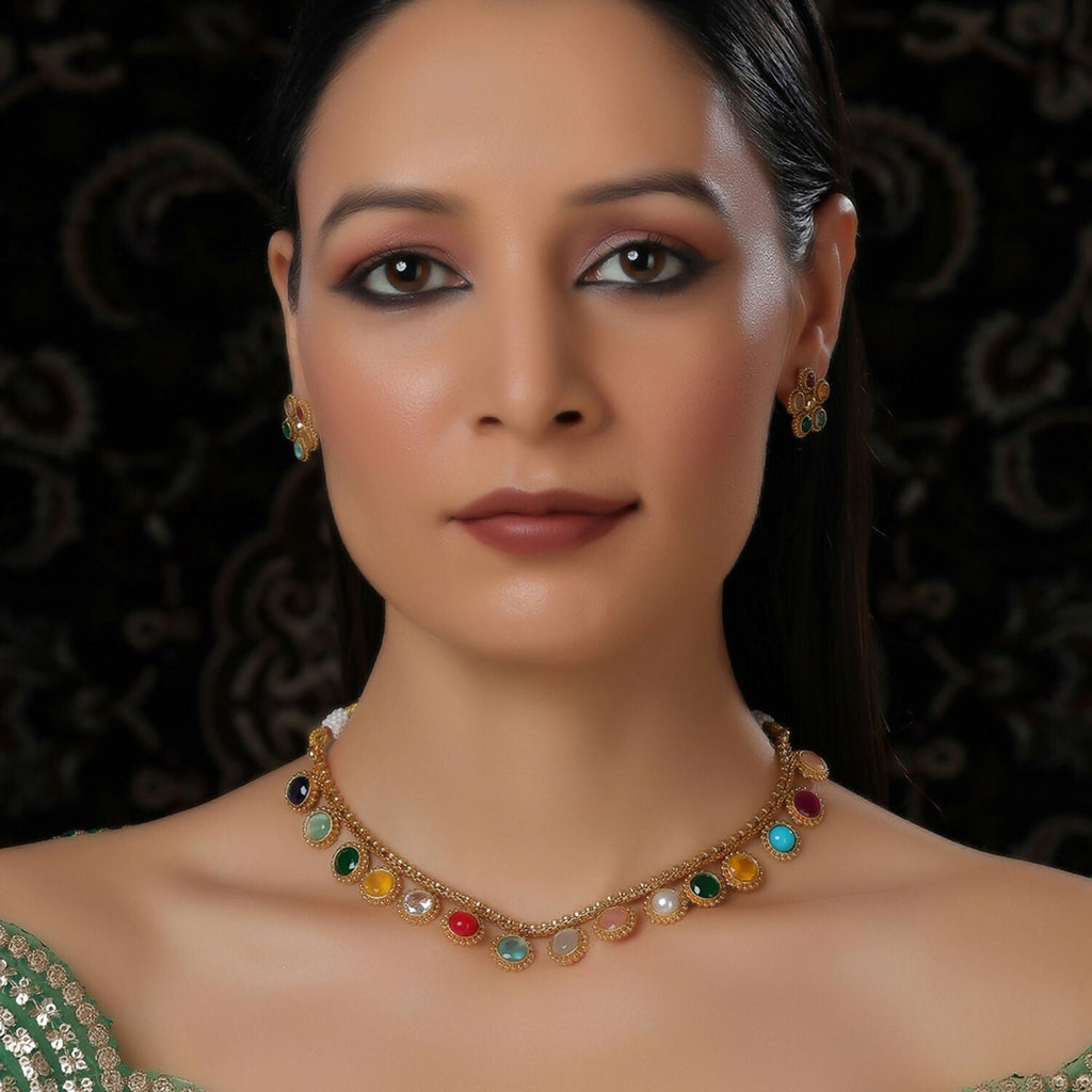 Multi Colored Stone in Gold Choker with Earrings (Multi Color) - Ruby Raang