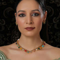 Multi Colored Stone in Gold Choker with Earrings (Multi Color) - Ruby Raang