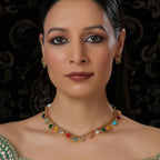 Multi Colored Stone in Gold Choker with Earrings (Multi Color) - Ruby Raang