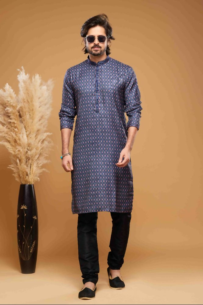 Raivat Ethnic Art Silk Digital Print Pintux Work Kurta Pajama In Blue Colour