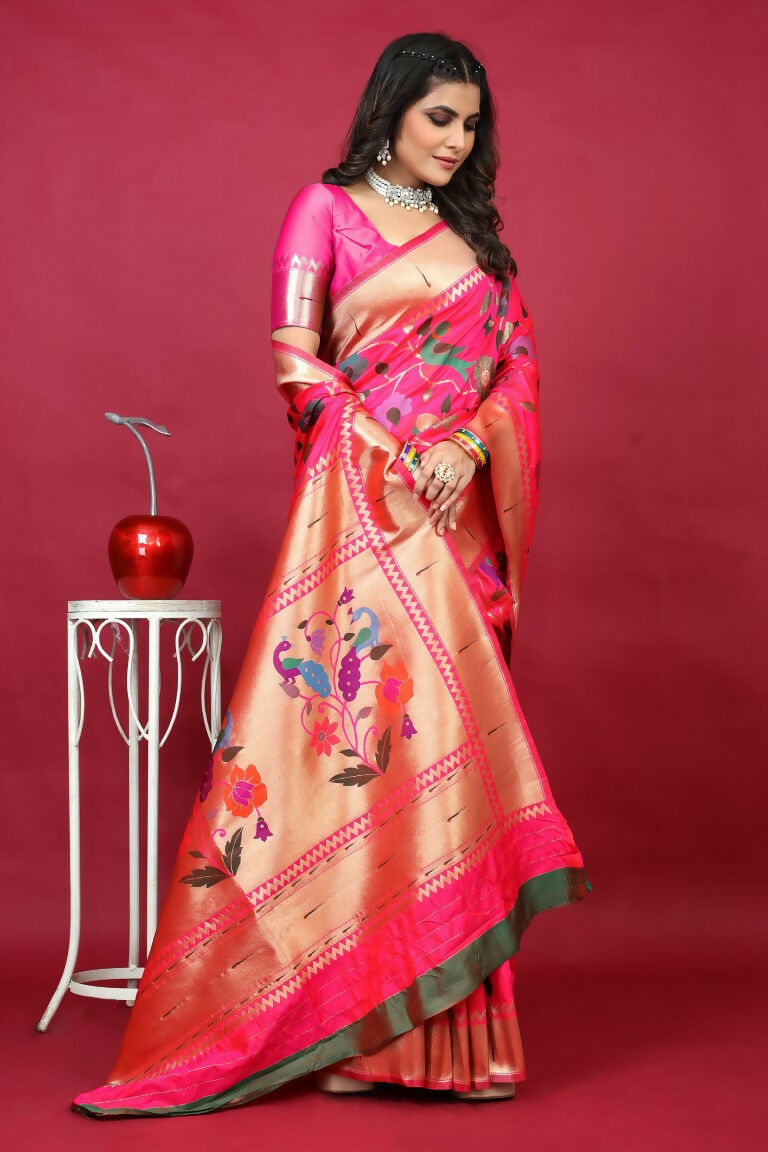 Jyoti Fashion Women's Pink Paithani Silk Zari Woven Saree with Blouse
